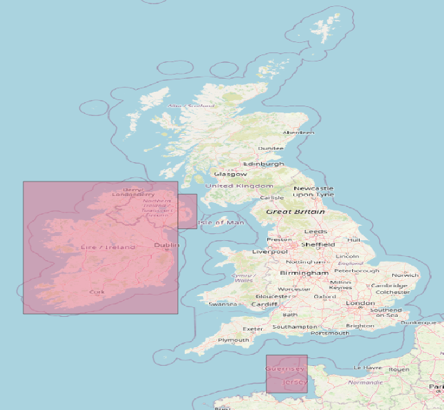 Map showing bounding boxes for Ireland and Channel Islands